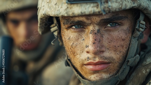 Close-up of a soldier with dirt on his face, focused and intense.