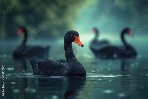 Fototapeta Naklejka Na Ścianę i Meble -  A group of black swans gracefully swimming in tranquil waters surrounded by misty trees during early morning hours in a serene natural habitat