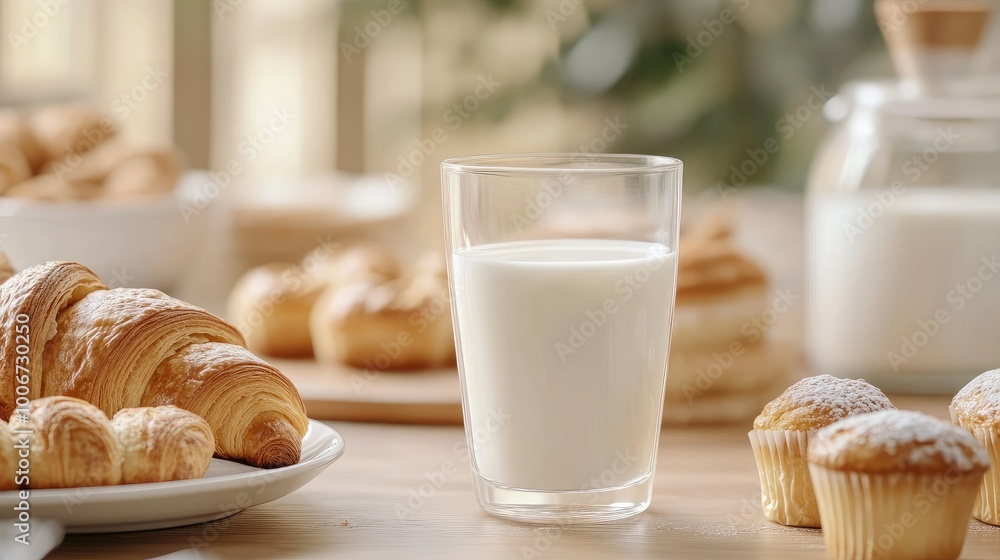 Fresh Morning Breakfast with Milk and Pastries Fresh Morning Breakfast with Milk and Pastries