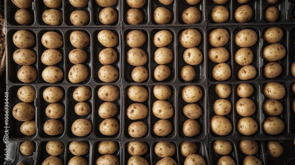 Seed potatoes of the Charlotte salad variety in chitting trays, top-down view, preparing for planting season. Seed potatoes of the Charlotte salad variety in chitting trays, top-down view, preparing for planting season.