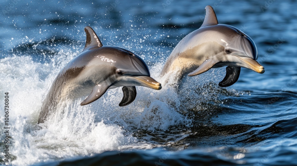 Fototapeta premium Dolphins Jumping Through Ocean Waves at Sunset