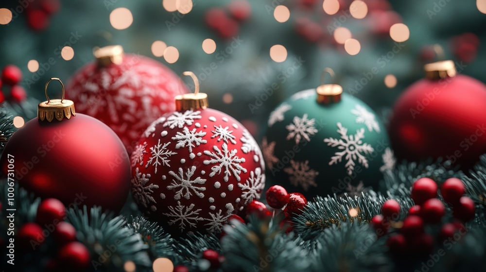 Christmas-themed wallpaper, red and green decorations, ornaments and snowflakes, cozy winter Christmas-themed wallpaper, red and green decorations, ornaments and snowflakes, cozy winter