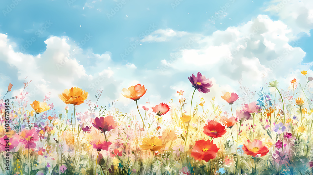 Fototapeta premium Watercolor painting depicting a colorful field of wildflowers in bloom on a sunny day. Wildflower Field. Illustration