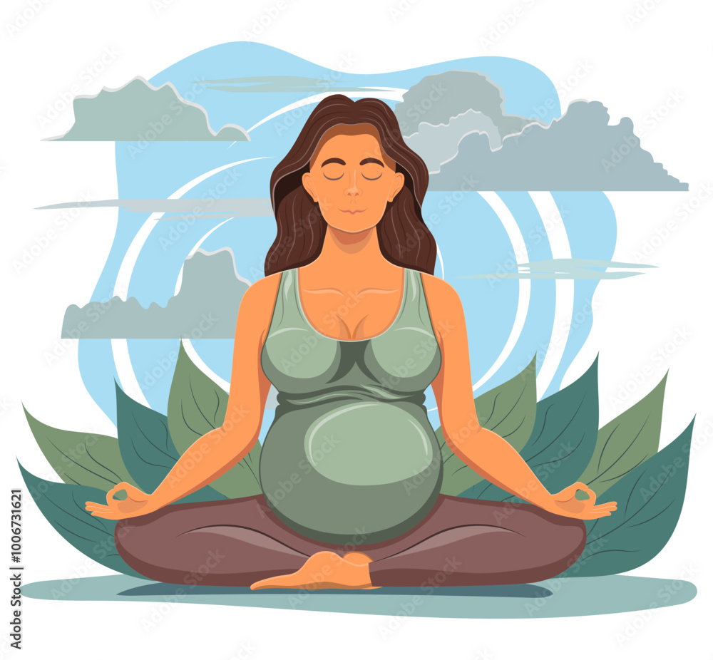 pregnant young woman sitting in yoga pose and meditating cartoon vector illustration isolated on white background pregnant young woman sitting in yoga pose and meditating cartoon vector illustration isolated on white background