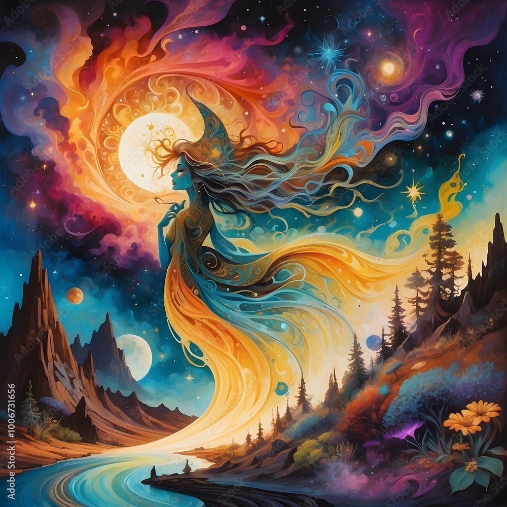 Mystisches Gemälde in psychedelischen Farben - Silhouette einer Hexe Mystisches Gemälde in psychedelischen Farben - Silhouette einer Hexe