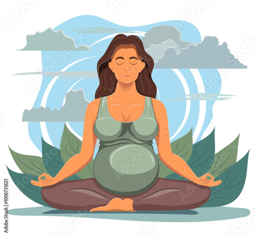 pregnant young woman sitting in yoga pose and meditating cartoon vector illustration isolated on white background