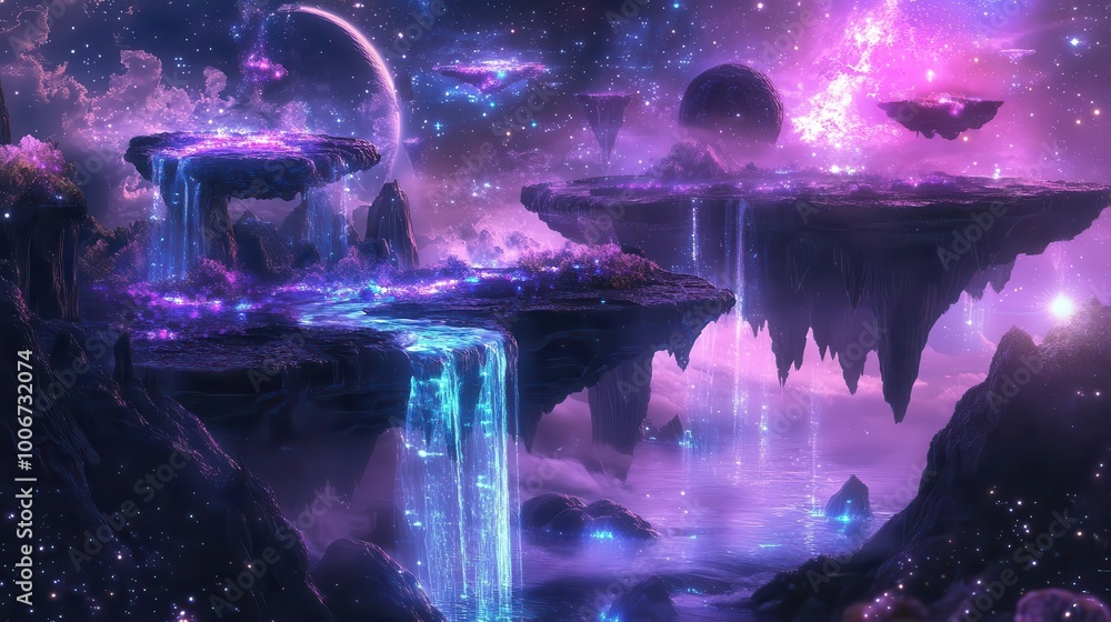 surreal cosmic landscape with floating rock islands, cascading ...
