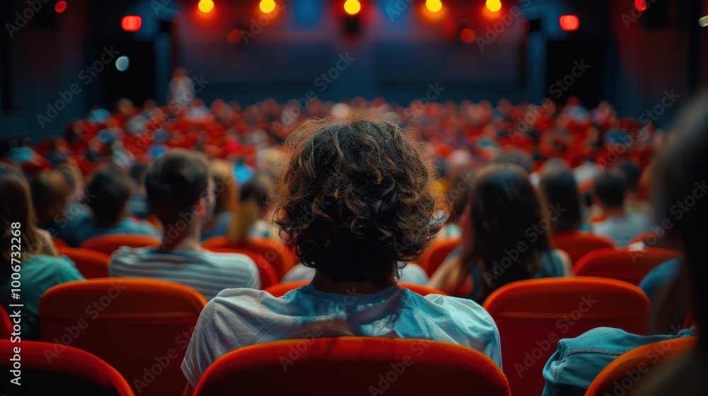 A diverse audience gathered in a theater watching an engaging presentation with bright lights and a focused speaker on stage during an evening event A diverse audience gathered in a theater watching an engaging presentation with bright lights and a focused speaker on stage during an evening event