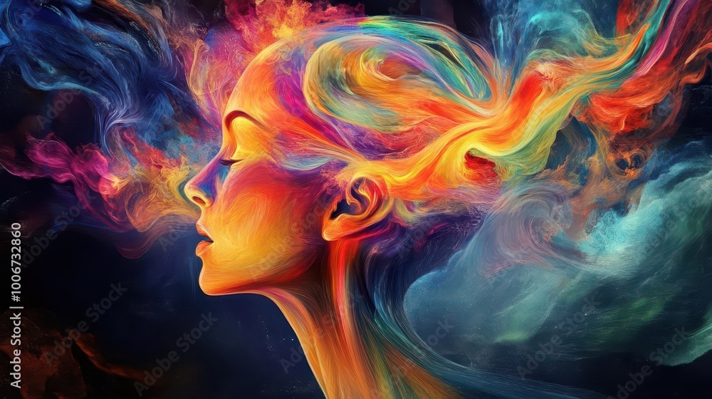 surreal digital illustration of a human head exploding into swirling colors, shapes, and abstract thoughts. vibrant, dreamlike quality. surreal digital illustration of a human head exploding into swirling colors, shapes, and abstract thoughts. vibrant, dreamlike quality.