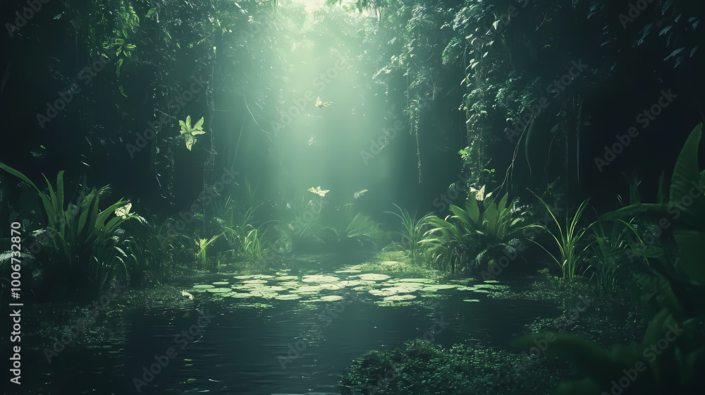 Fototapeta premium The dark and mysterious jungle is full of secrets and dangers. the thick vegetation blocks out the sun, creating a gloomy atmosphere. Eerie Swamp. Illustration