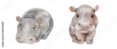 Cute baby hippopotamus watercolor isolated on white background. Nursery hippo cartoon hand drawn character vector illustration