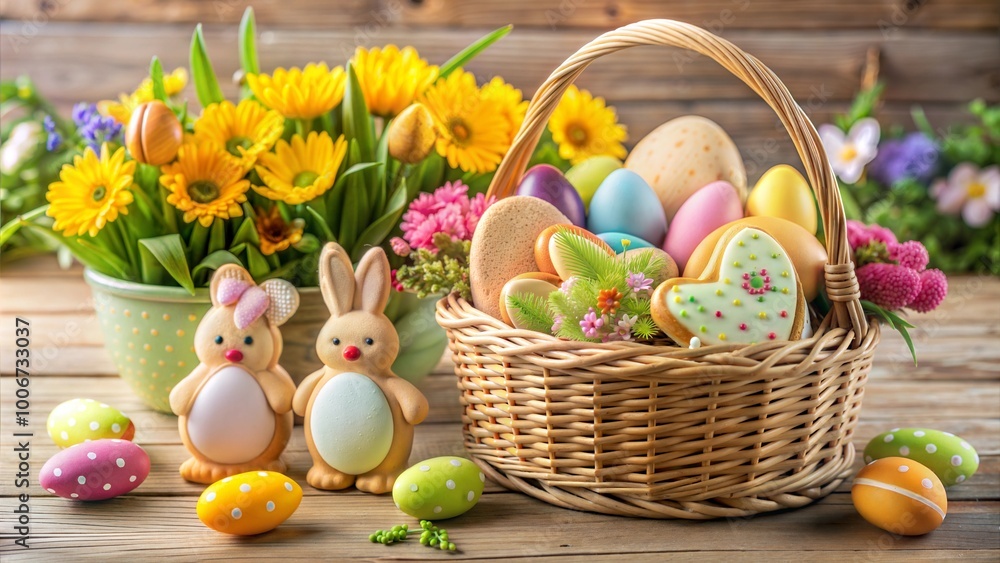 Easter basket with colorful cookies and eggs, cheerful mood, decorated background with flowers Easter basket with colorful cookies and eggs, cheerful mood, decorated background with flowers