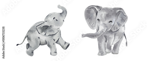 Cute baby elephant watercolor isolated on white background. Nursery elephant cartoon hand drawn character vector illustration