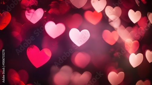 soft focus heart-shaped bokeh lights against a dark background. romantic and dreamy atmosphere perfect for valentine's day or love-themed concepts. warm pink and red hues dominating.