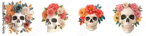 skull decorated with flowers clipart, boho Halloween element, 3D illustration, soft tones, isolated on transparent background