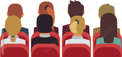 People sit in red chairs back view. Audience