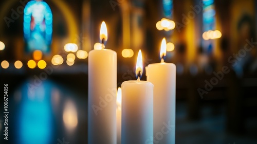 Candles illuminate a quiet moment in a beautifully designed church, creating a serene atmosphere filled with warm light and soft reflections photo