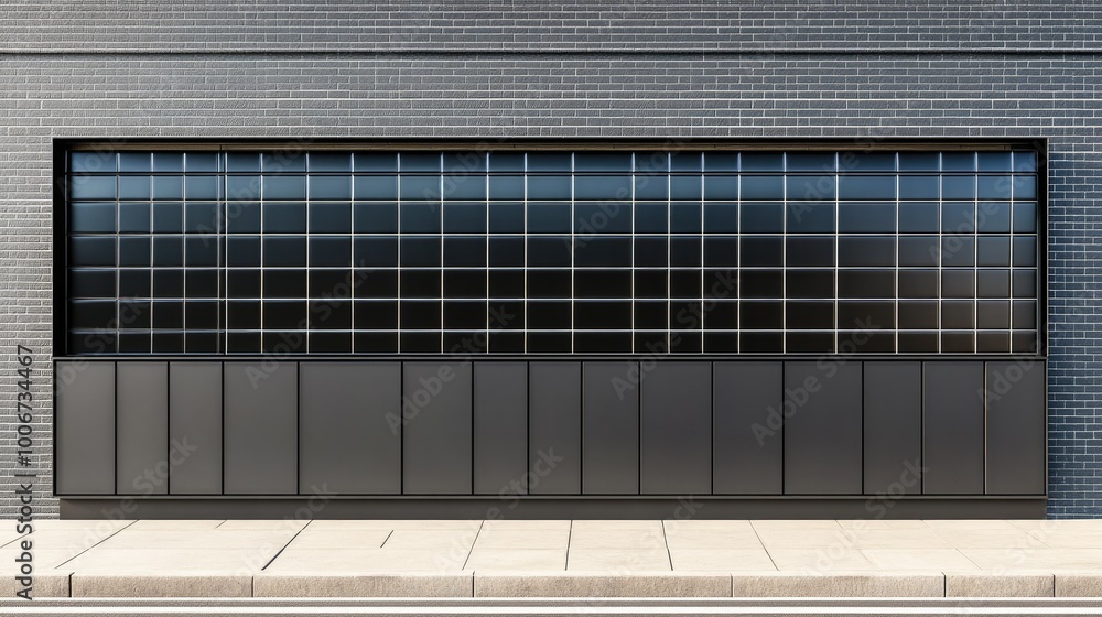 A 3D rendering of a large black billboard against a textured black tiled wall with sunlight highlighting its edges, ideal for urban design concepts. A 3D rendering of a large black billboard against a textured black tiled wall with sunlight highlighting its edges, ideal for urban design concepts.