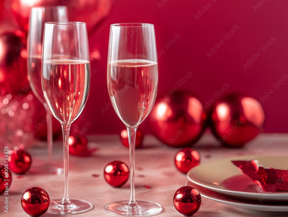 Two champagne glasses with red ornaments create a festive atmosphere for celebrations Two champagne glasses with red ornaments create a festive atmosphere for celebrations