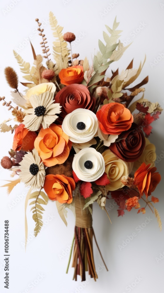 Naklejka premium Colorful autumn bouquet with paper flowers and dried leaves arranged artistically on a neutral background, showcasing seasonal beauty in floral craftsmanship