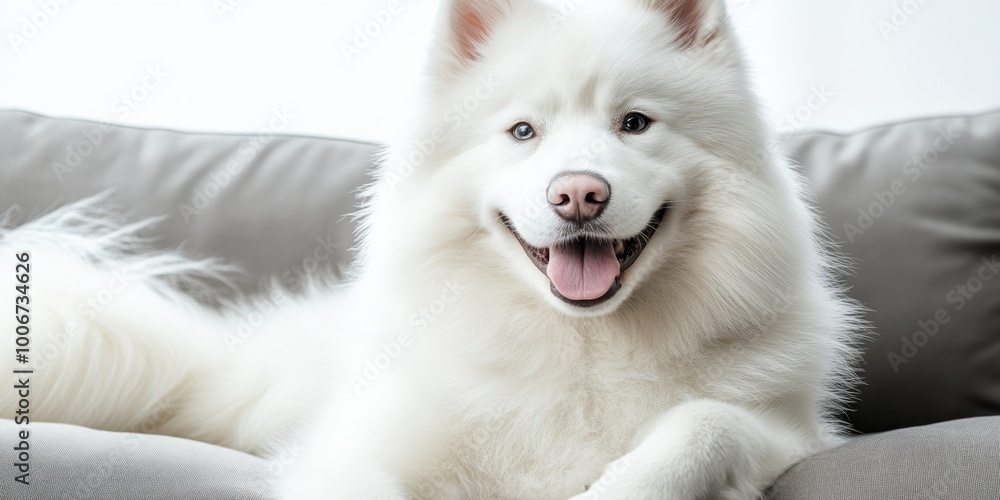 Samoyed dog lying on the couch, smiling at me, white background Samoyed dog lying on the couch, smiling at me, white background