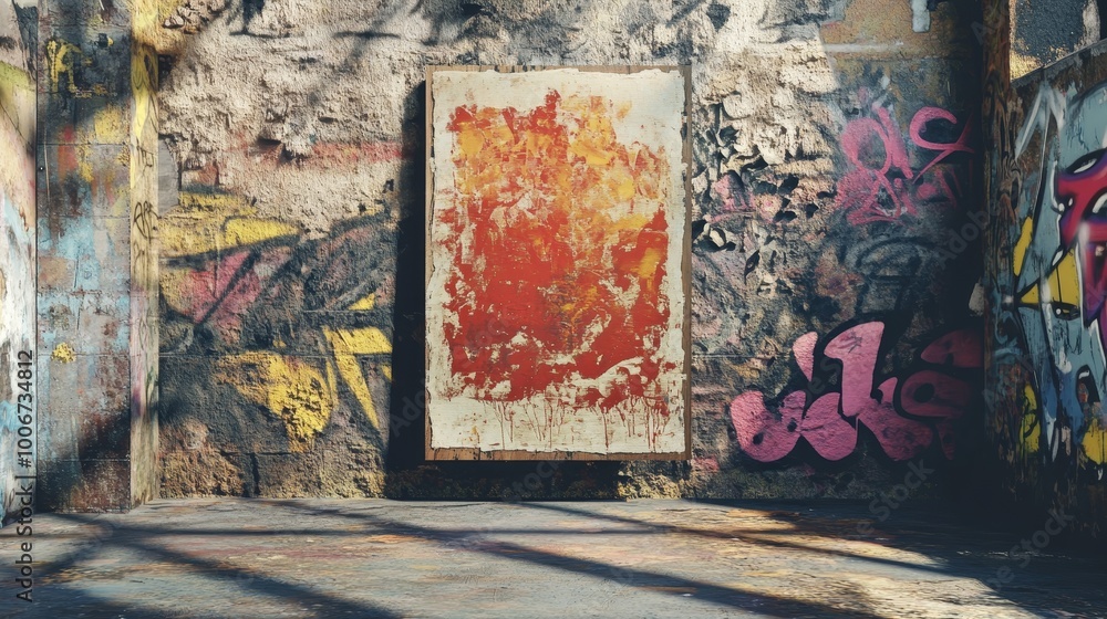 Obraz premium An abstract orange painting is displayed in an urban setting surrounded by graffiti, revealing striking texture variations.