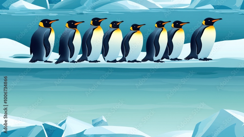 Obraz premium A group of penguins are standing on a frozen lake