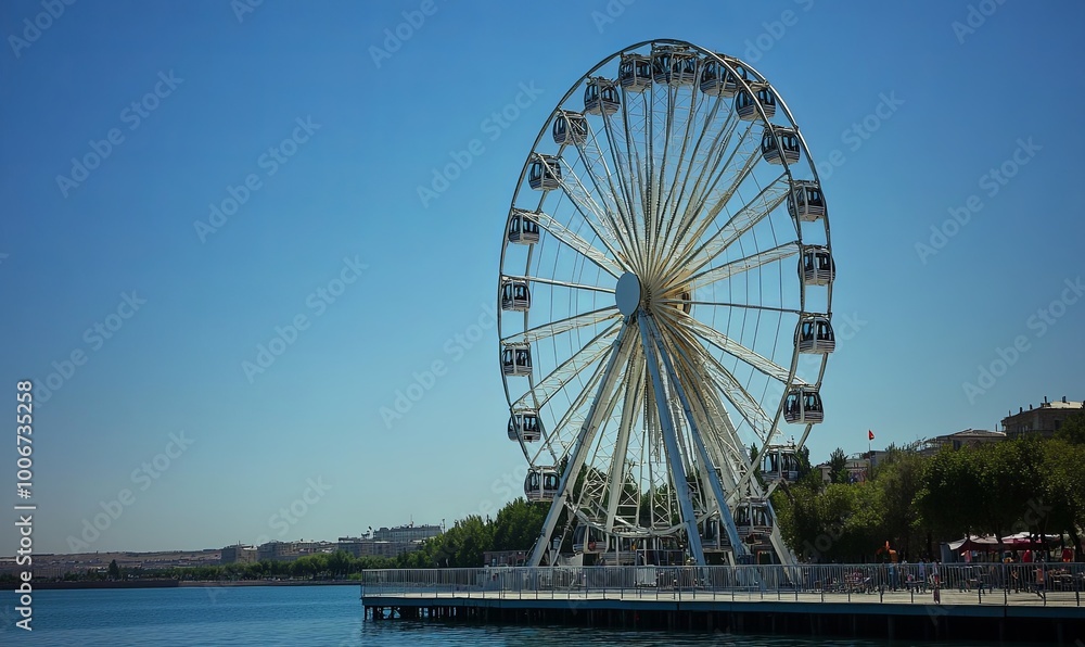 A large white Ferris wheel stands on a pier overlooking the water on a sunny day. A large white Ferris wheel stands on a pier overlooking the water on a sunny day.