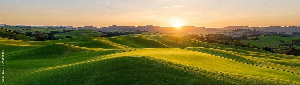 Fototapeta premium Rolling green hills under a glowing sunset sky, with soft light highlighting the gentle contours of the land, creating a perfect rural escape