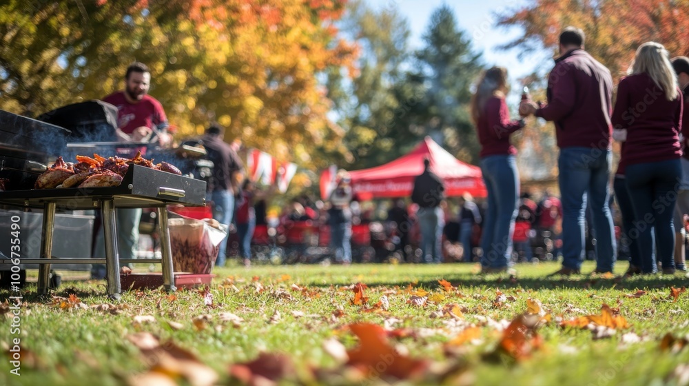 © Elmira - People engage in a lively tailgate gathering outdoors, grilling food and chatting cheerfully surrounded by autumn leaves and team flags fluttering © Elmira - People engage in a lively tailgate gathering outdoors, grilling food and chatting cheerfully surrounded by autumn leaves and team flags fluttering