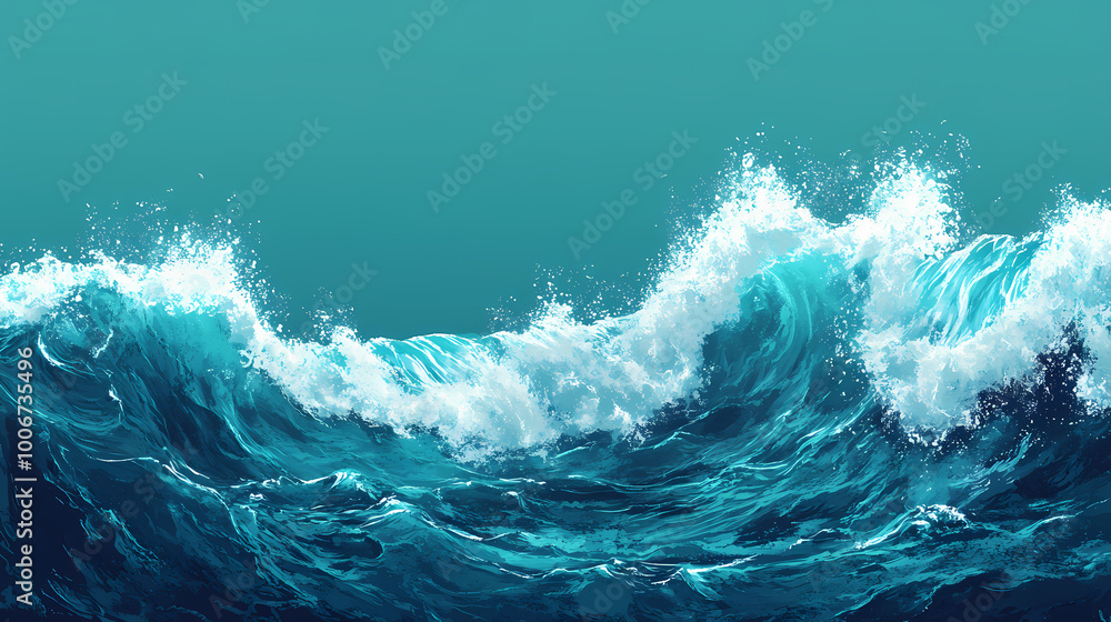 Fototapeta premium Vibrant cyan tidal wave crashing in open ocean. Tidal Wave. Illustration