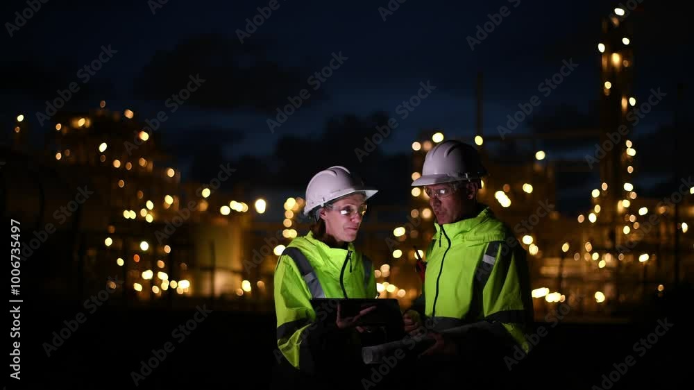 Engineer wear uniform and helmet stand workplace hand holding tablet computer, survey inspection teamwork plant site to work with night lights oil refinery background. Engineer wear uniform and helmet stand workplace hand holding tablet computer, survey inspection teamwork plant site to work with night lights oil refinery background.