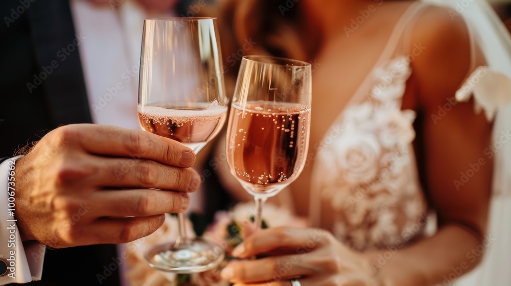 a newly wed couple sharing a wine glass filled with pink moscato. a newly wed couple sharing a wine glass filled with pink moscato.