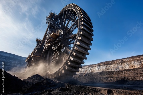 A large, powerful mining wheel excavator digs into a coal mine, kicking up dust and debris as it works. photo