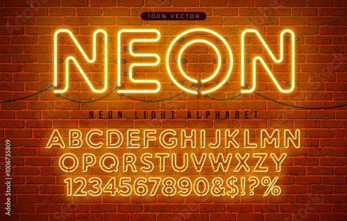Glowing Neon Light Alphabet with Cable and Shadow on Vintage Brick Wall Background. Retro Vector Font Collection with Shiny Bright Lights. ABC, Number and Special Character Design for Casino, Night