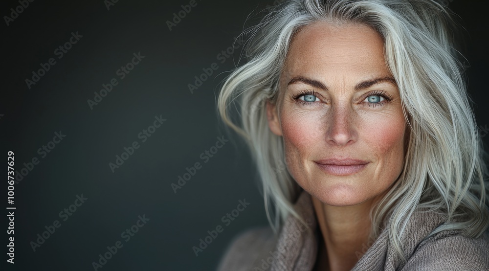 A captivating portrait of a middle-aged woman with silver hair and striking blue eyes, exuding confidence and tranquility, set against a neutral backdrop A captivating portrait of a middle-aged woman with silver hair and striking blue eyes, exuding confidence and tranquility, set against a neutral backdrop