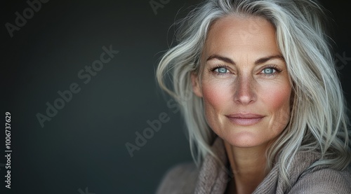 A captivating portrait of a middle-aged woman with silver hair and striking blue eyes, exuding confidence and tranquility, set against a neutral backdrop