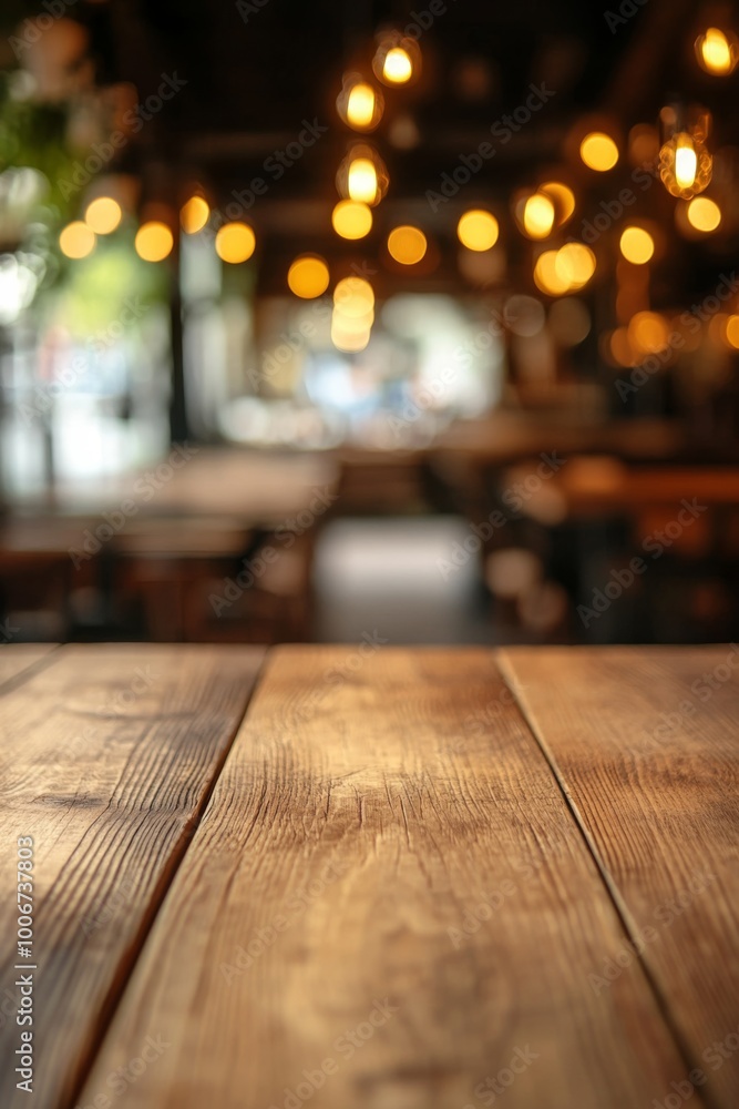 Empty wooden table top with a blurred background of a restaurant interior Empty wooden table top with a blurred background of a restaurant interior