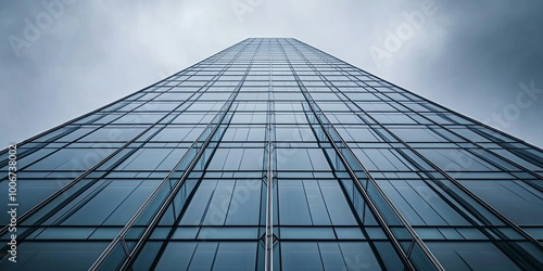 A low angle view of a modern skyscraper with a glass facade against a cloudy sky.