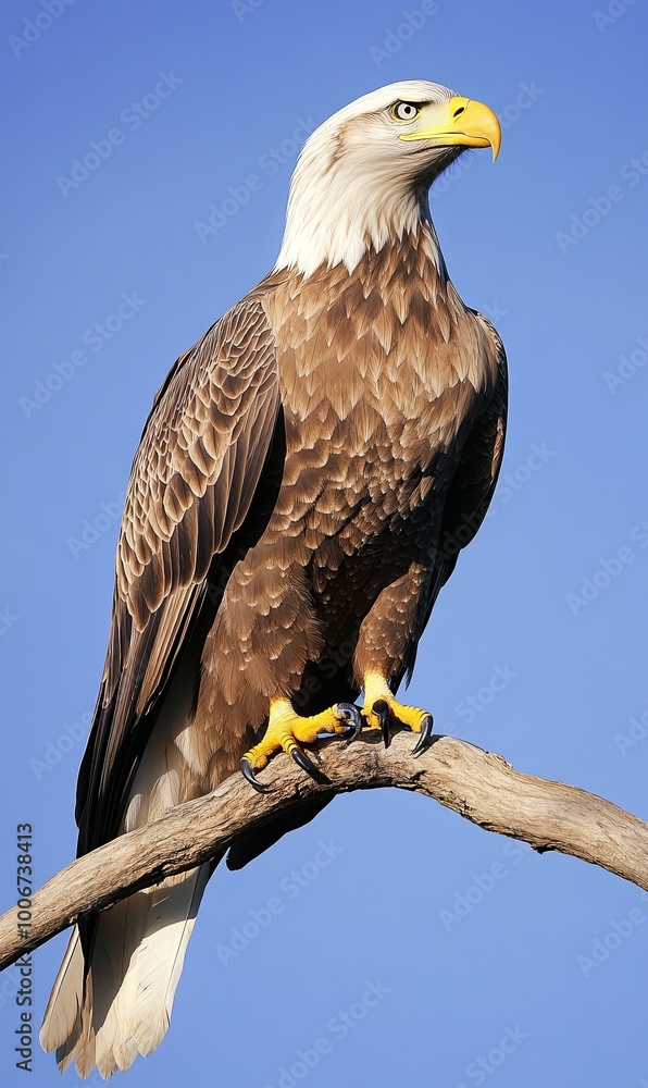 A majestic bald eagle perched on a branch against a clear blue sky. A majestic bald eagle perched on a branch against a clear blue sky.