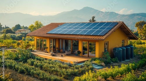 Eco-friendly house with solar panels in lush vineyard and mountains at sunrise