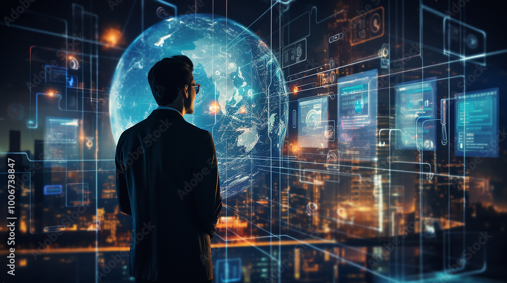 Man Managing Digital Screens with High-Tech Icons, Futuristic Interface, Innovative Technology, and Modern Digital Interaction. Man Managing Digital Screens with High-Tech Icons, Futuristic Interface, Innovative Technology, and Modern Digital Interaction.