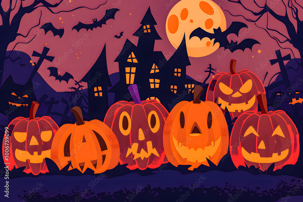 Illustration featuring Jack o' Lantern and castle silhouette at night, perfect for Halloween greetings or special Halloween sales promotions. banner sale concept Illustration featuring Jack o' Lantern and castle silhouette at night, perfect for Halloween greetings or special Halloween sales promotions. banner sale concept