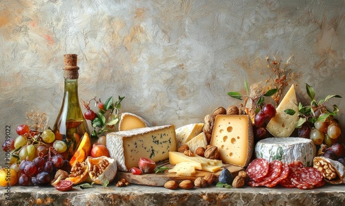an elegant arrangement of various cheeses, cured meats, fruits, nuts, and a bottle of olive oil.