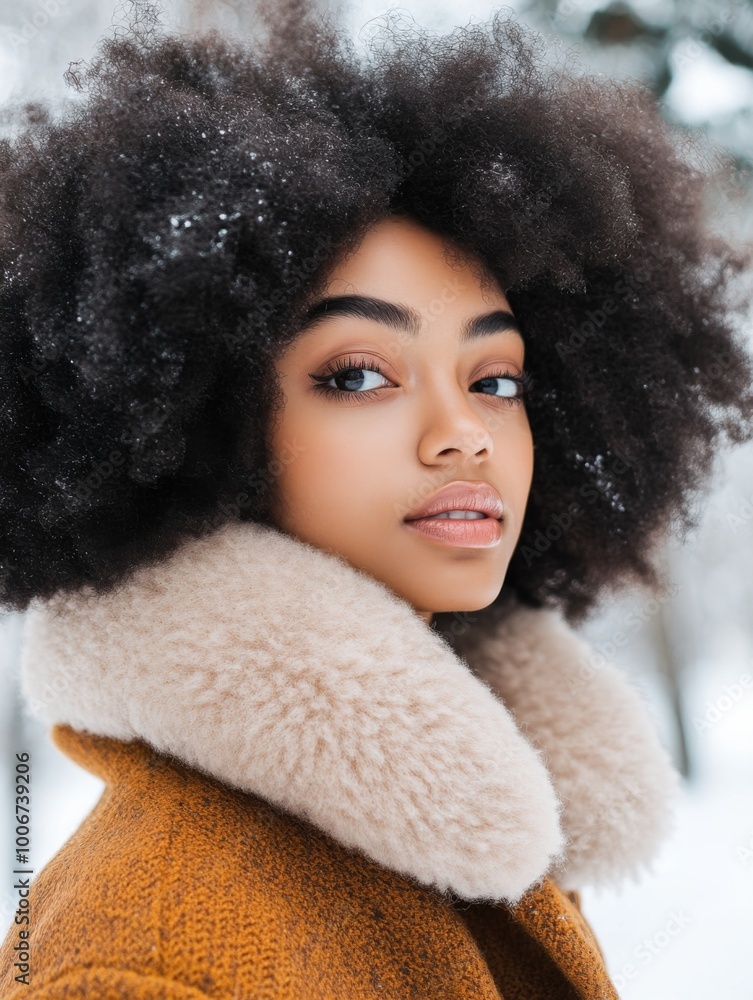 A young woman with natural curly hair poses in a cozy winter coat with a fluffy collar, surrounded by snow-covered trees on a chilly winter day A young woman with natural curly hair poses in a cozy winter coat with a fluffy collar, surrounded by snow-covered trees on a chilly winter day