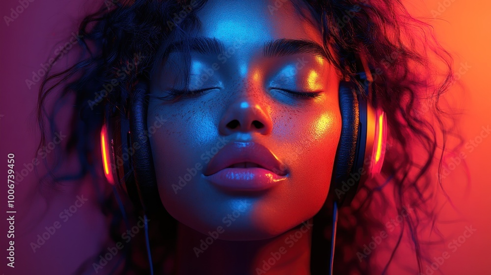 A young woman enjoys music with headphones in vibrant lighting. A young woman enjoys music with headphones in vibrant lighting.