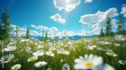  daisy and grass field on a sunny day, the daisys are blossoning photo