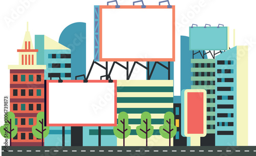 Urban street. Flat color buildings with empty billboards template