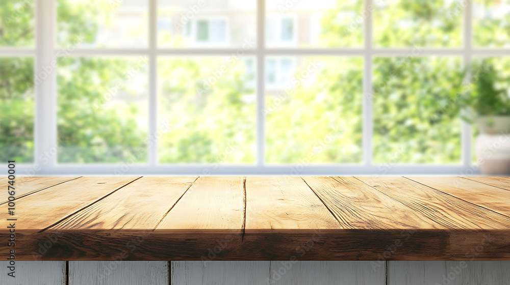 Chic wooden table top in a softly lit kitchen setting Chic wooden table top in a softly lit kitchen setting
