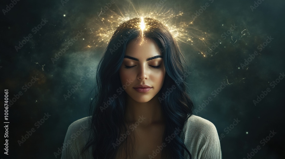 A serene woman meditating with sparks of creativity illuminating her mind in a mystical and ethereal setting during twilight hours A serene woman meditating with sparks of creativity illuminating her mind in a mystical and ethereal setting during twilight hours